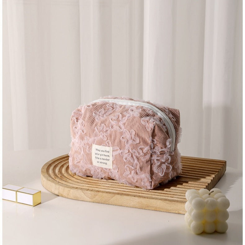 Lace Jacquard Portable Corduroy Cosmetic Bag