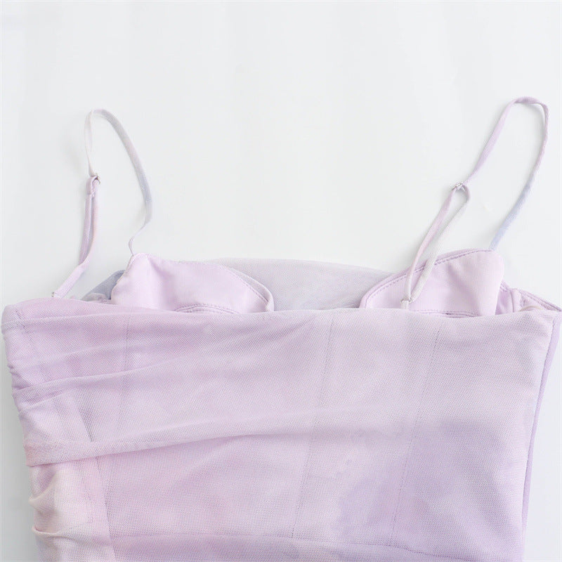 Elegant Mesh Ruched Spaghetti Strap Maxi Dress