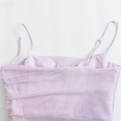 Elegant Mesh Ruched Spaghetti Strap Maxi Dress