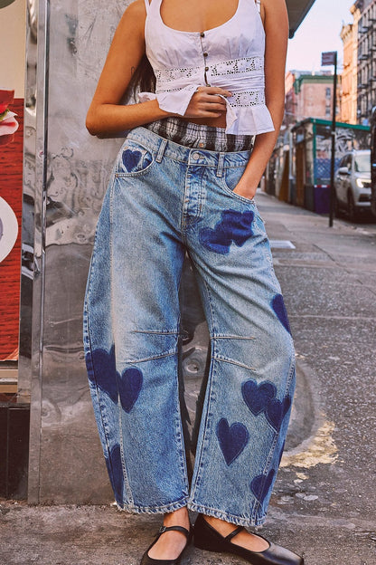 Love Star Print Loose Midi Waist Jeans