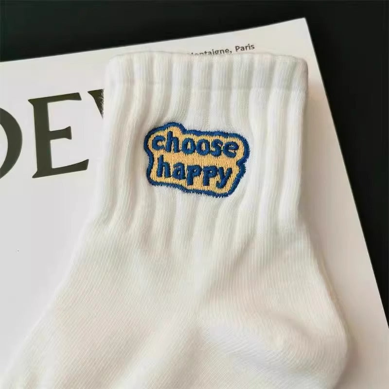 Letter Embroidered Solid Color Socks