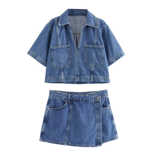 Trendy Cropped Denim Shirt and Skort Set