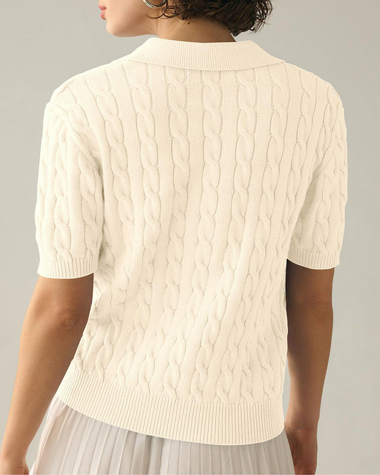 Lapel V-Neck Twist Short Sleeves Knit Tops
