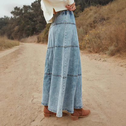 Minimalist Layered A-Line Denim Midi Skirt