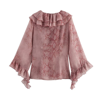 Elegant V-Neck Printed Layered Ruffle Top
