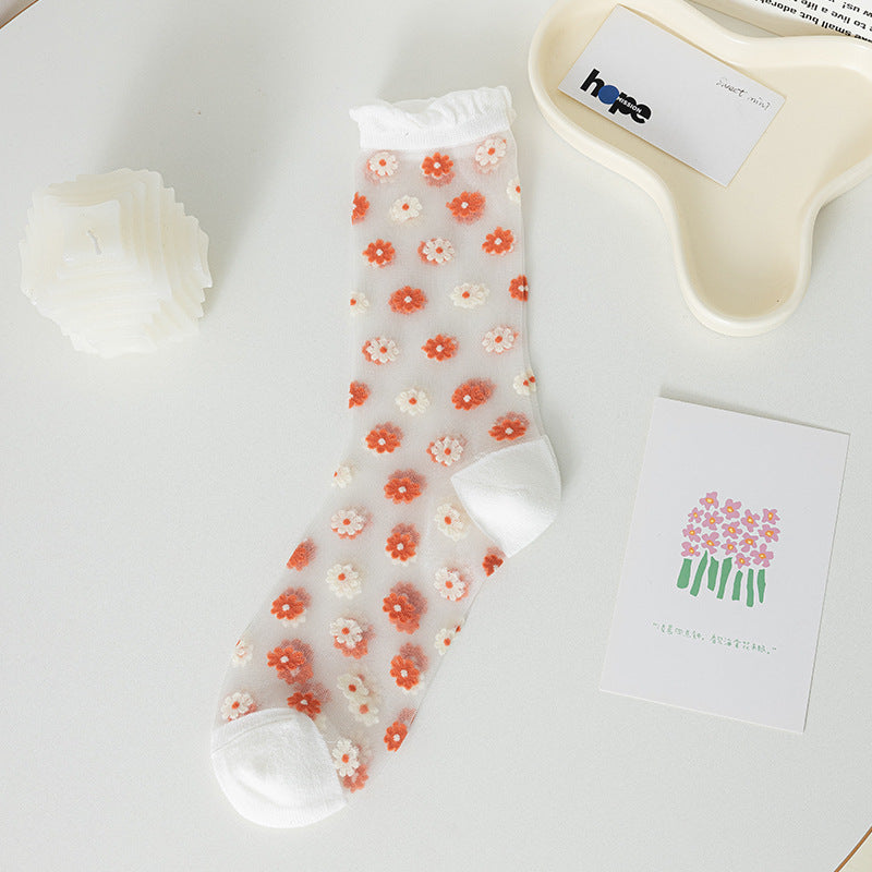 Flower Mesh Ruffle Thin Socks