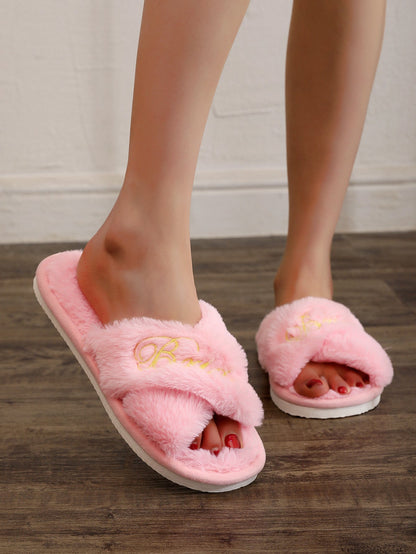 Simple Embroidered Letter Fuzzy Home Slippers