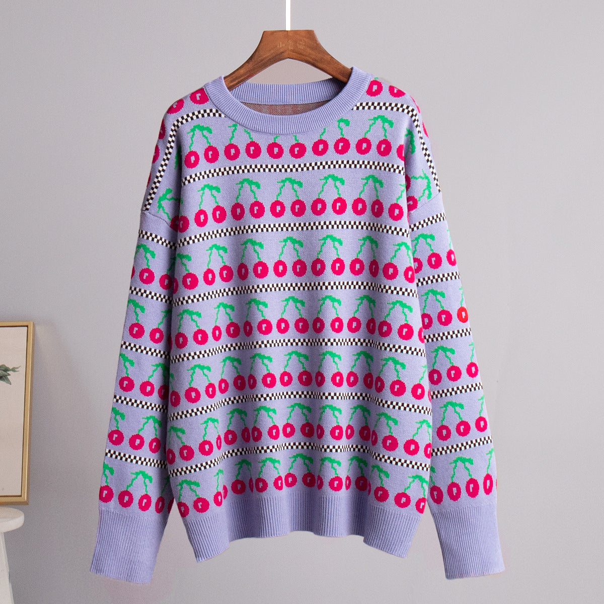Cherry Print Contrast Color Sweater