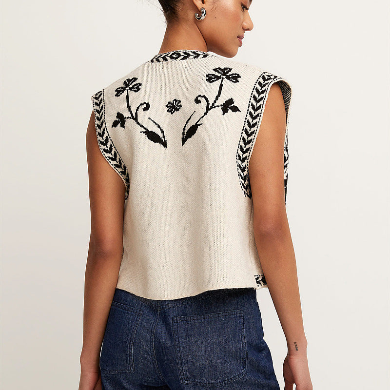 Sexy Jacquard Sleeveless Open Front Knit Vest