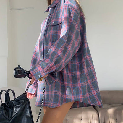 Vintage Plaid Loose Lapel Collar Top