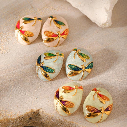 Asymmetrical Oval Enamel Dragonfly Stud Earring
