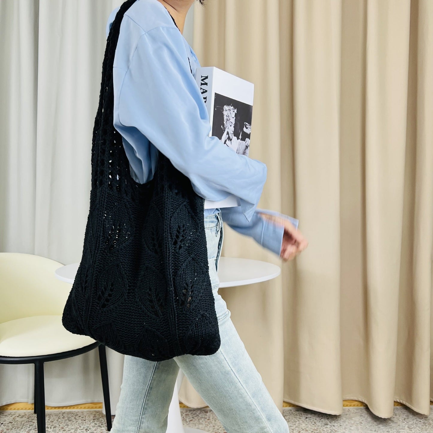 Solid Color Hollow Out Knit Shoulder Tote Bag