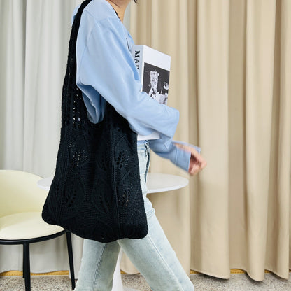 Solid Color Hollow Out Knit Shoulder Tote Bag