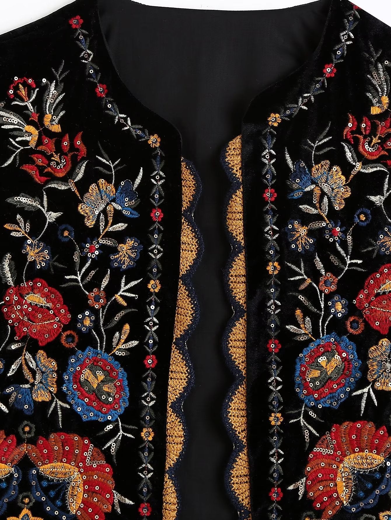 Vintage Flower Embroideries Open Front Vest