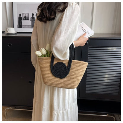 Color Block Large Capacity Woven Tote Handbag