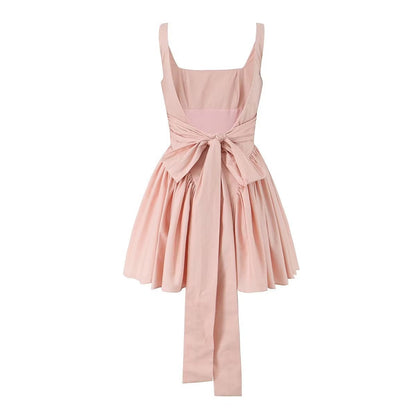 Solid Color Bow Tie Back Pleated Dress
