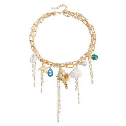 Trendy Starfish Shell Pearl Tassel Choker Necklace