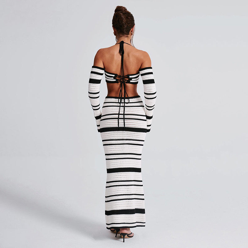Stripe Crop Top and Maxi Skirt Sets