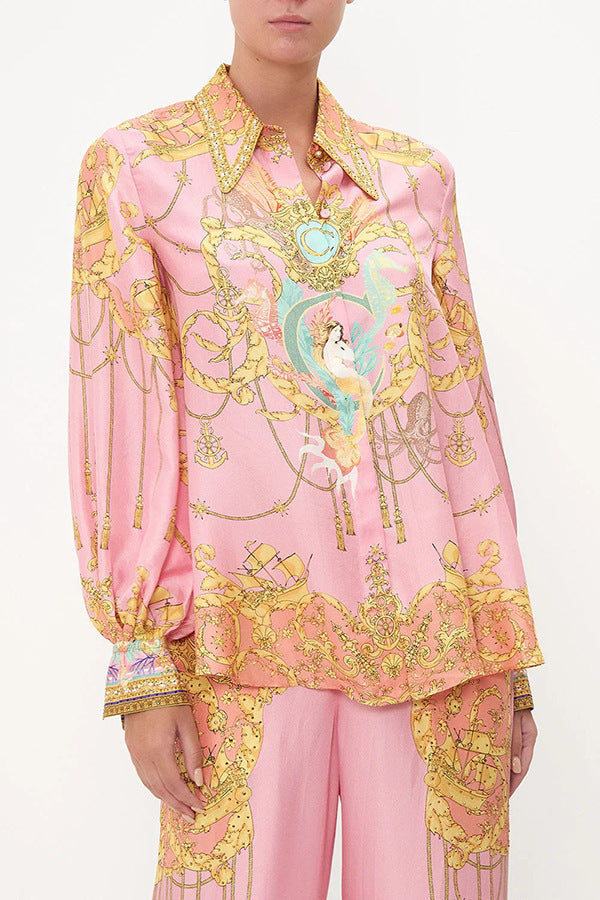 Print Lantern Sleeves Shirt Pant Casual Set