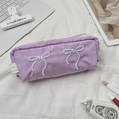 Bow Embroidered Large Capacity Pencil Pouch