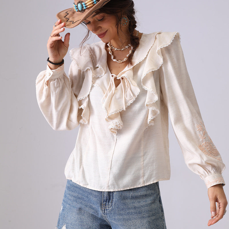 V-Neck Flounce Embroidered String Top