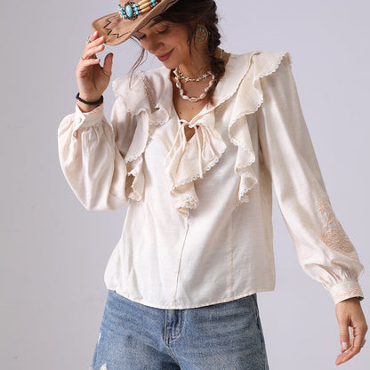 V-Neck Flounce Embroidered String Top