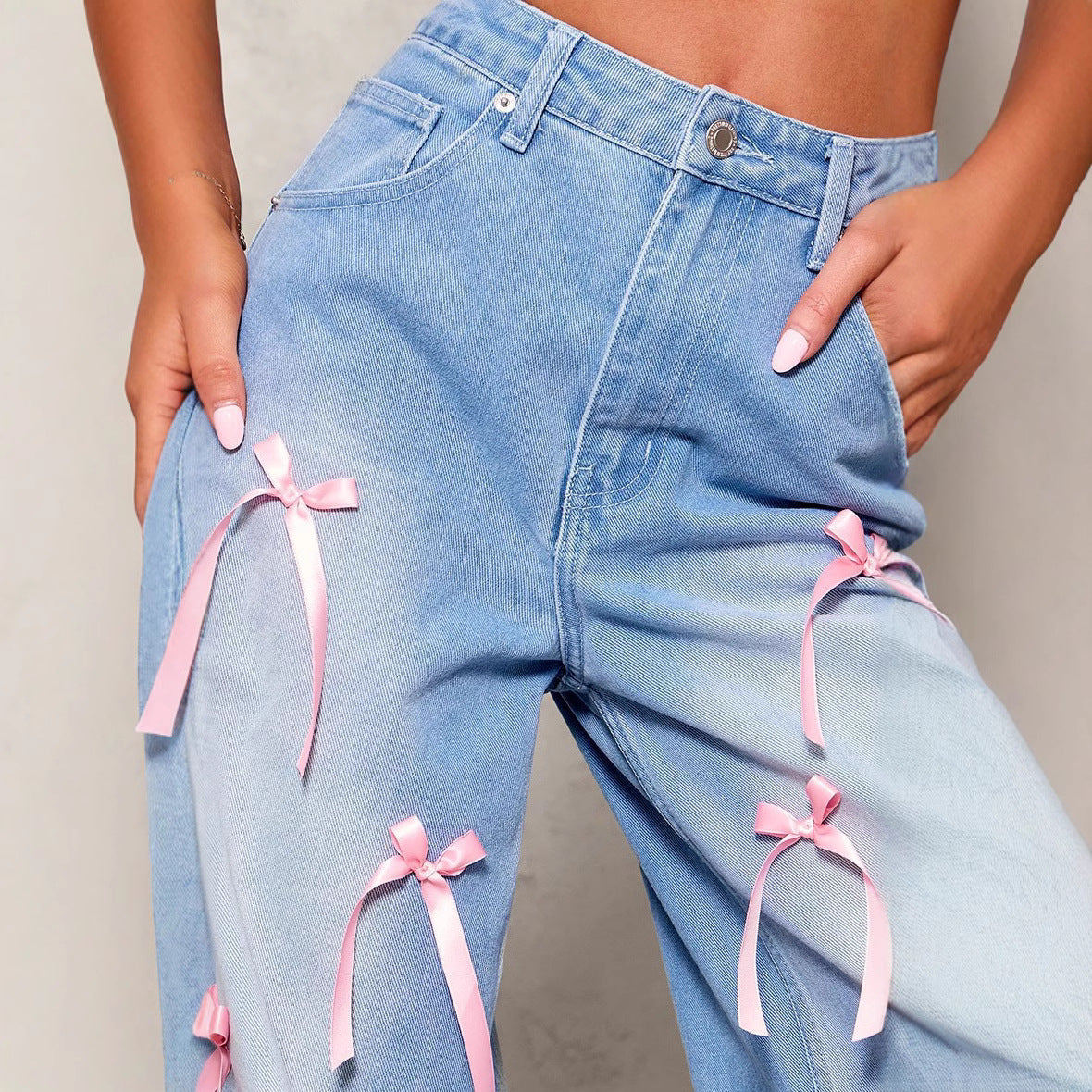 Bow Washed Loose Street Jeans