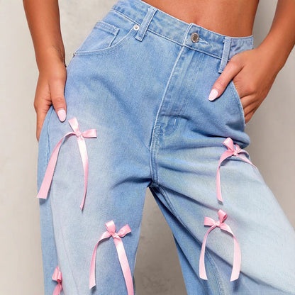 Bow Washed Loose Street Jeans
