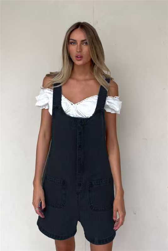 Pockets Buttons Denim Overall Shorts