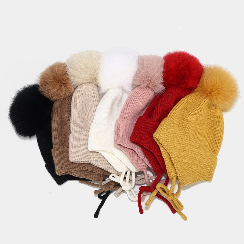 Solid Color String Tie Knit Pom Beanie