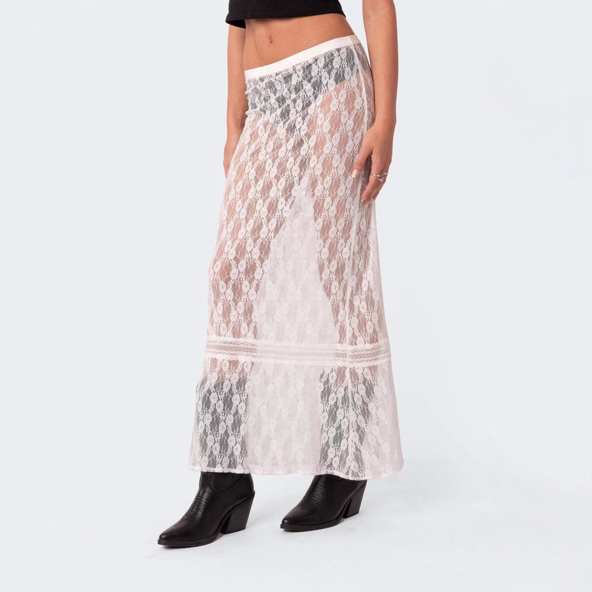 Trendy Sheer Lace Hollow-Out Maxi Skirt