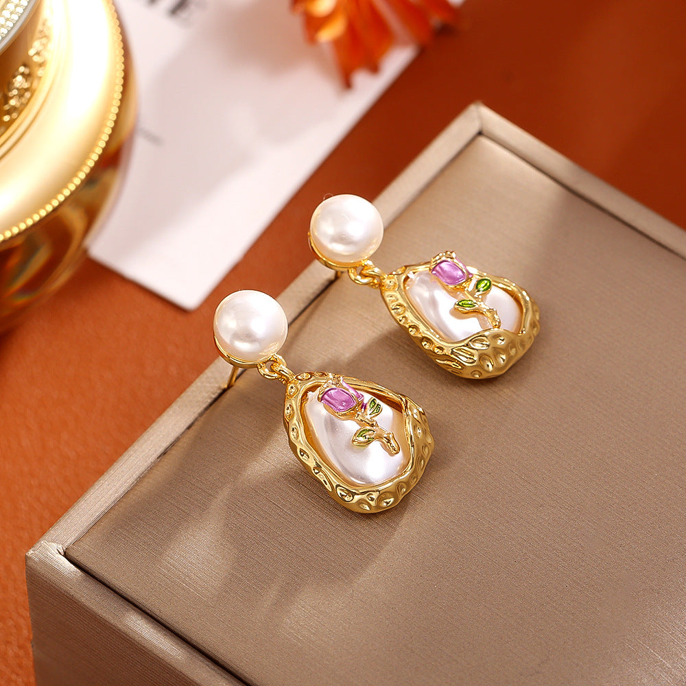 Trendy Baroque Pearl Rose Dangle Stud Earrings