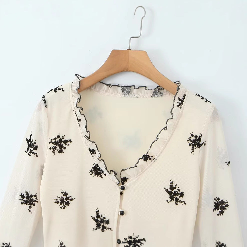 Floral Print V-Neck Lace Cardigan Blouse