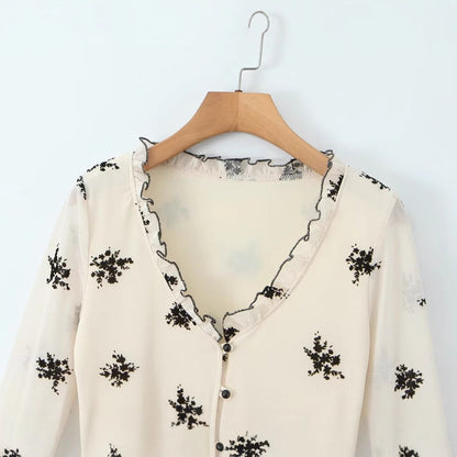 Floral Print V-Neck Lace Cardigan Blouse