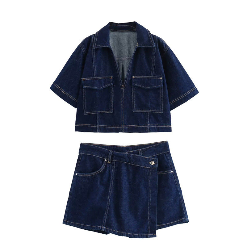 Trendy Cropped Denim Shirt and Skort Set