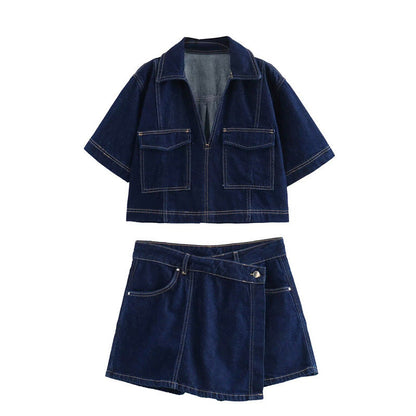 Trendy Cropped Denim Shirt and Skort Set