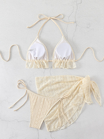 3PCS Solid Color Lace Backless Swimwear