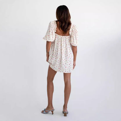 Vintage Off-Shoulder Puff Sleeve Babydoll Dress