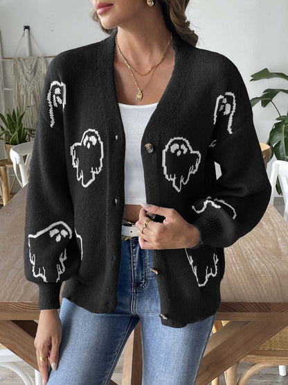 Halloween Cartoon Ghost Buttons Knit Cardigan