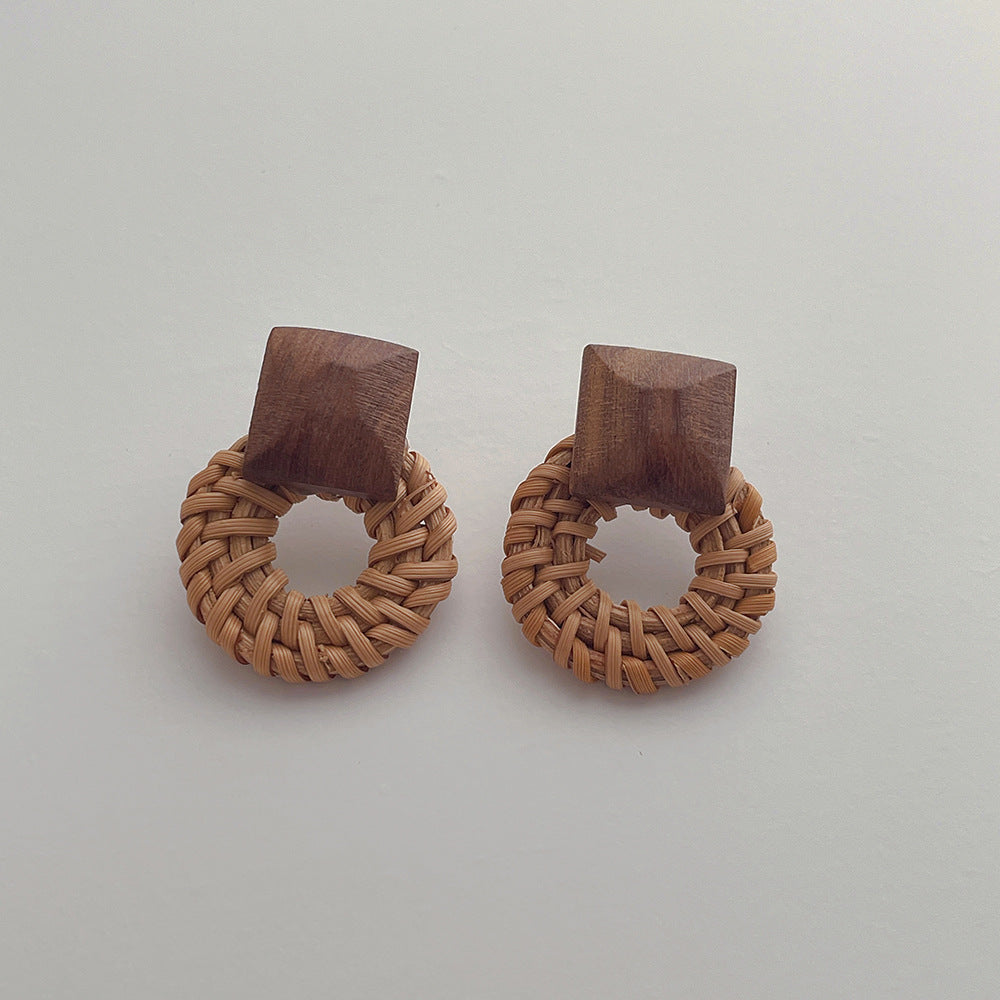 Vintage Handmade Rattan Round Drop Earrings