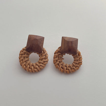 Vintage Handmade Rattan Round Drop Earrings