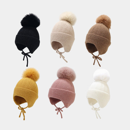 Solid Color String Tie Knit Pom Beanie