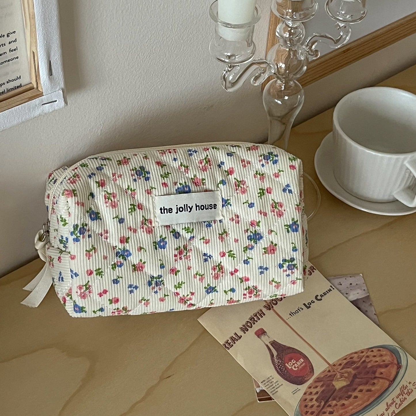 Corduroy Flower Print Sweet Make Up Bag