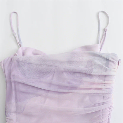 Elegant Mesh Ruched Spaghetti Strap Maxi Dress