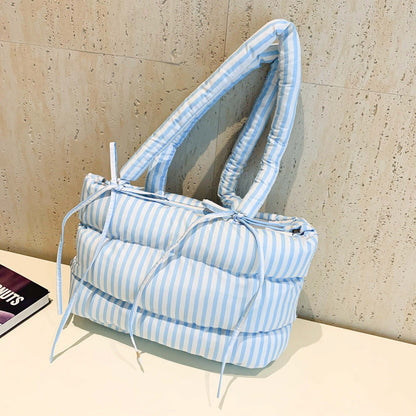Striped Puffer Bow Knot Shoulder Handbag