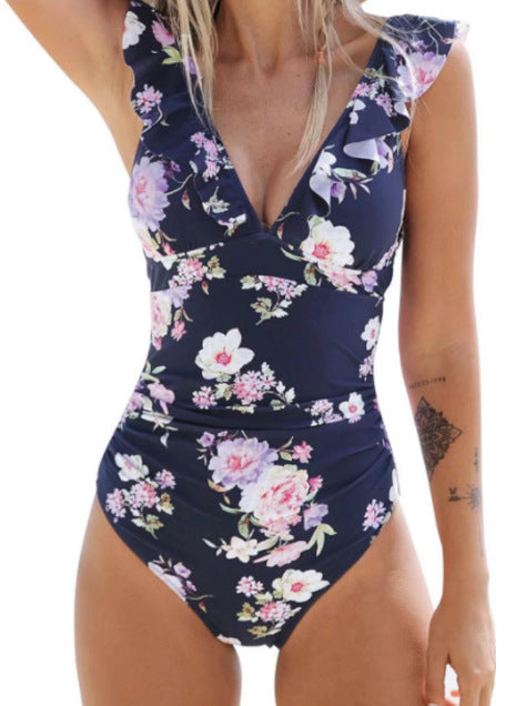 Floral Print Flounce Back String Tie Swimwear