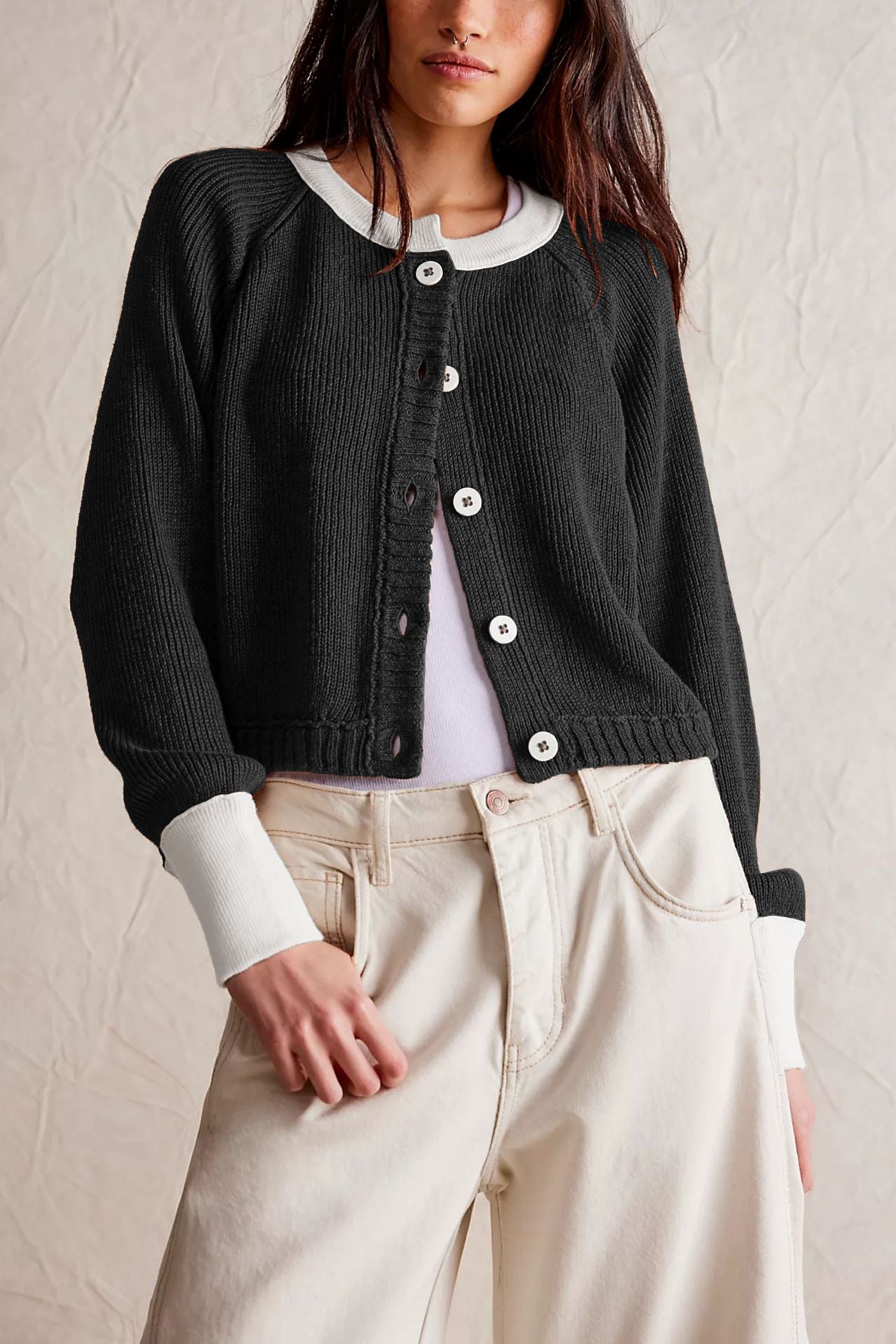 Contrast Color Button Knit Cardigan