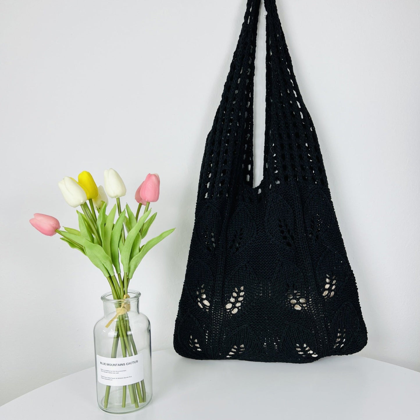 Solid Color Hollow Out Knit Shoulder Tote Bag