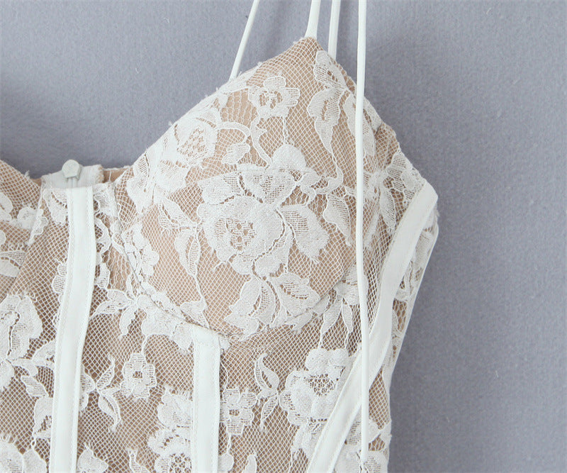 Solid Color Spaghetti Strap Lace Ruffled Dresses