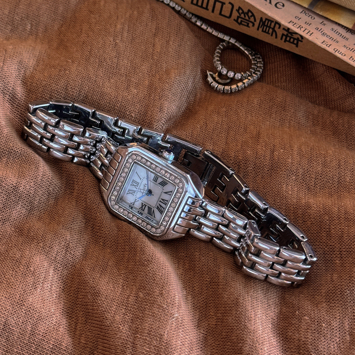 Vintage Roman Square Rhinestone Bezel Quartz Watch